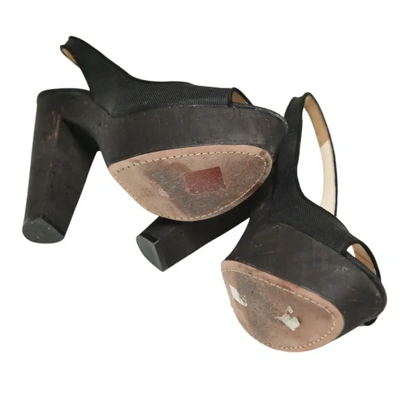 PRADA Black Pumps Platforms Sandals Slingback Fabric Brown Cork Heels Sz 36.5 - Picture 9 of 9